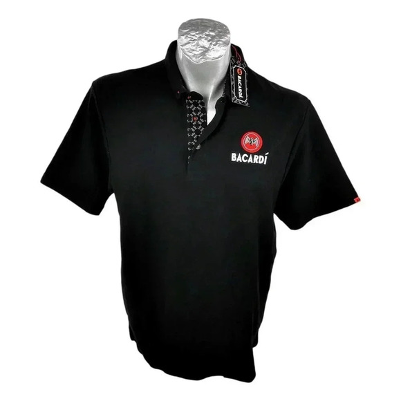 Bacardi Rum Mens Polo Shirt Black Size M Rum Bartender Cotton New Tags - Picture 1 of 7